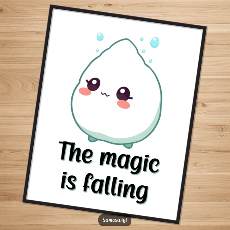 Funny Digital Art Print of a samosa character with wide eyes, looking up in awe at a falling sprinkle, a delightful piece.