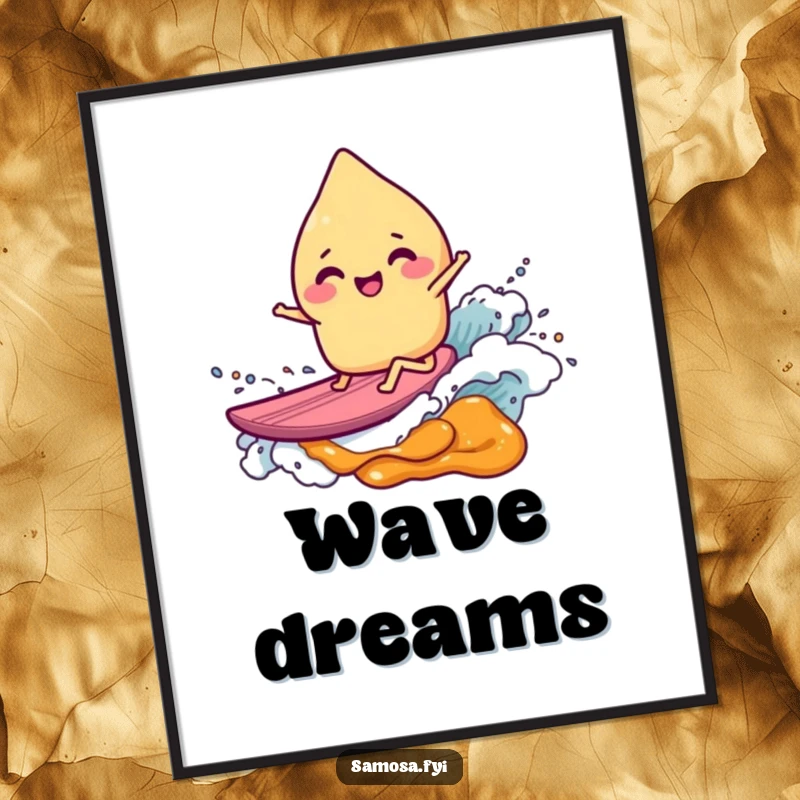 High-resolution digital art print of a happy, giggling samosa character surfing a dynamic chutney wave, perfect for wall decor.
