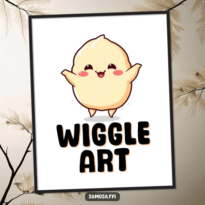 Funny Samosa Digital Art Print of a samosa character doing a lively happy dance, its sides wiggling with infectious, vibrant energy.