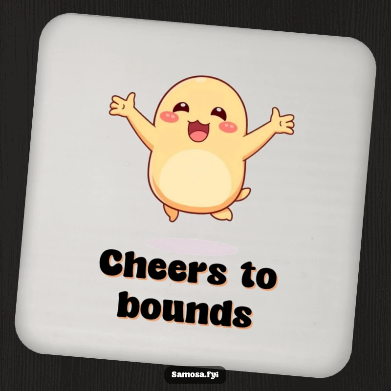 Funny drink coaster with a happy samosa hopping with arms outstretched, perfect for protecting surfaces with a dose of cheer.