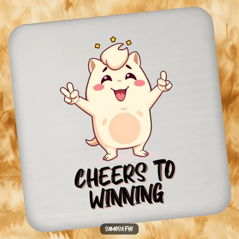 Funny samosa coaster set featuring a triumphant samosa character in a victory pose, protecting surfaces with humorous celebration, a stylish gift.