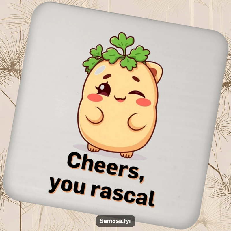 Funny Samosa Coaster featuring a mischievous samosa winking with a parsley hat, a humorous and charming addition for a funny gift.
