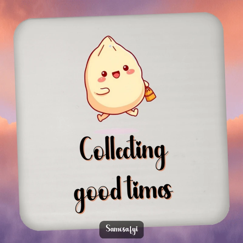 Funny drink coaster featuring a samosa joyfully skipping with a small bag, safeguarding furniture with a touch of humor.