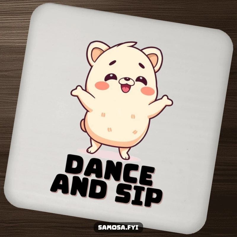 Funny samosa coaster set featuring a samosa character doing a silly wiggle dance, protecting surfaces with humorous charm and vibrant energy, a stylish gift.