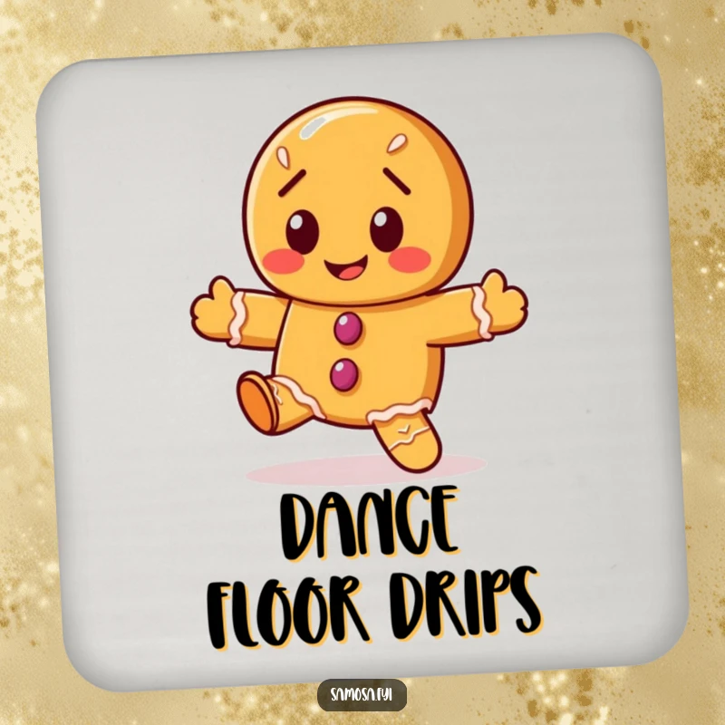 Funny gingerbread cookie drink coaster featuring the character doing a wobbly dance, a festive and humorous accessory.