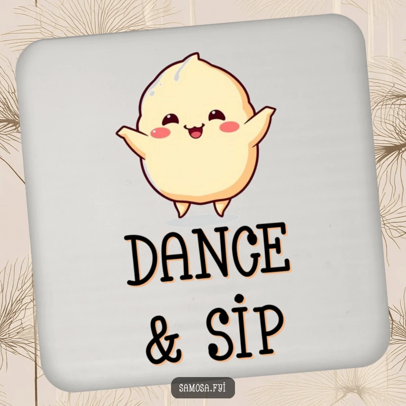 Funny Samosa Drink Coaster featuring a samosa character in a happy dance, its sides wiggling, adding a humorous touch to drink service.