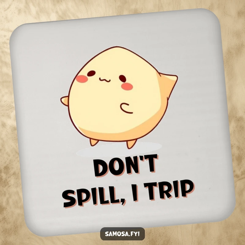 Funny Samosa Drink Coaster featuring a samosa character comically tripping over its edges, adding a touch of playful humor.