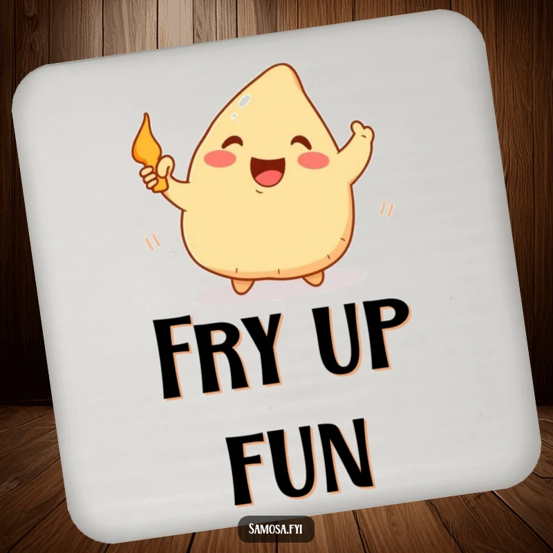 Funny Samosa Coaster: Protective coaster featuring a happy samosa waving a tiny frying pan, adding kitchen humor to any table.