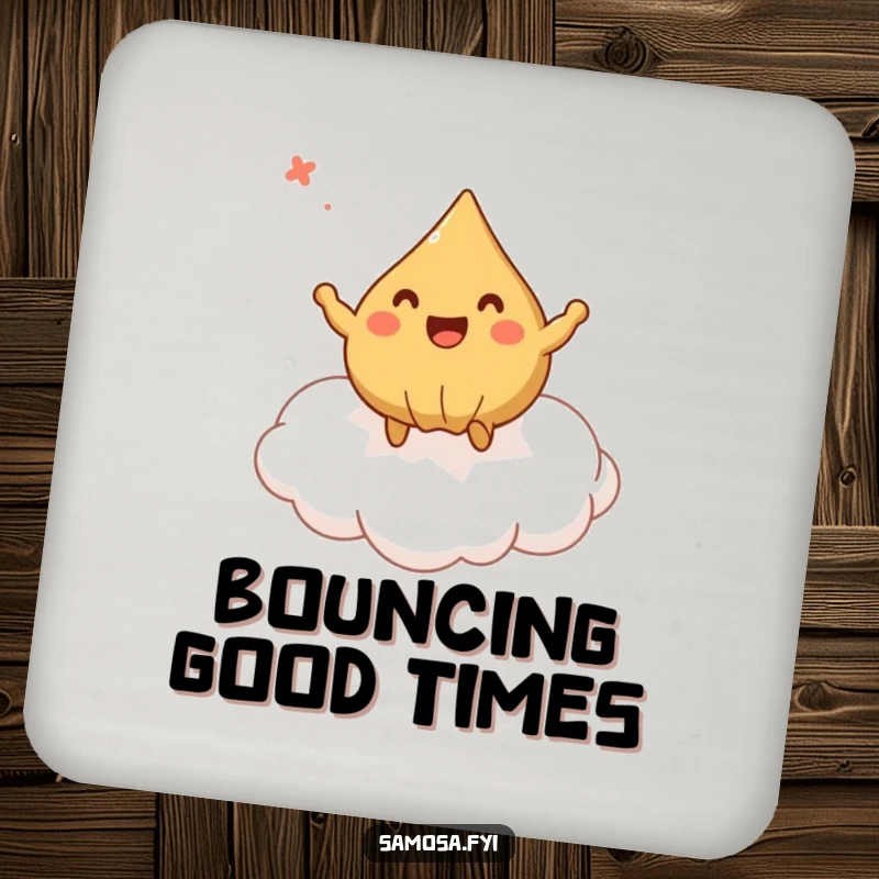 Funny Drink Coaster showing a samosa bouncing on a cloud, combining surface protection with charming, whimsical humor.