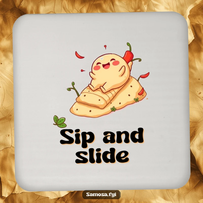 Funny Cheerful Samosa Drink Coaster: Protects surfaces with an image of a snack sliding down a spicy pepper hill, adding humor.