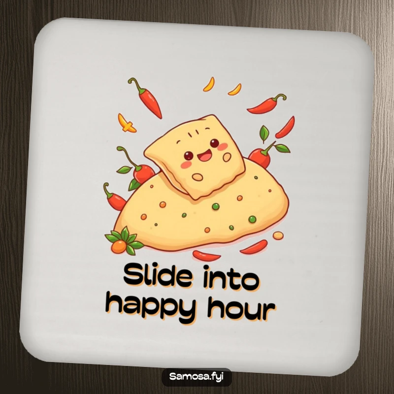 Funny drink coaster with a cheerful samosa sliding down a spicy pepper hill, perfect for protecting surfaces with humorous adventure.