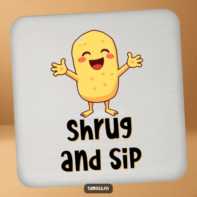 Funny coaster featuring a chickpea fritter comically shrugging, perfect for protecting surfaces with humor.