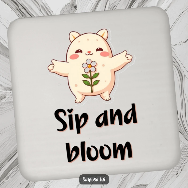 Funny samosa coaster, arms spread wide, embracing a small flower, protects surfaces, humorous accessory.