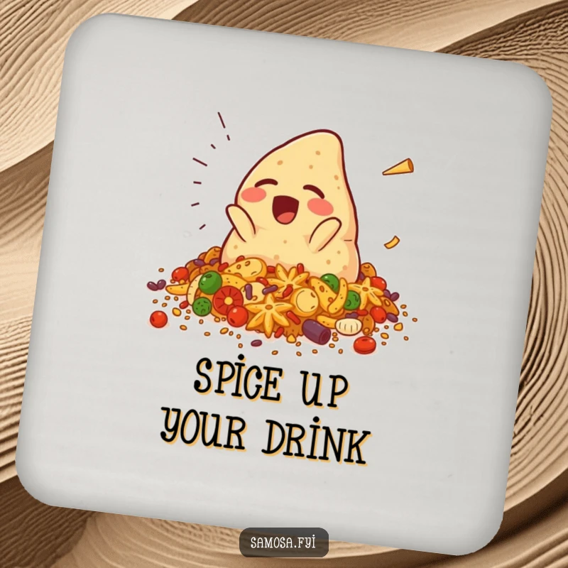 Funny samosa coaster set featuring a giggling samosa character falling into spices, protecting surfaces with humorous spice, a stylish gift.