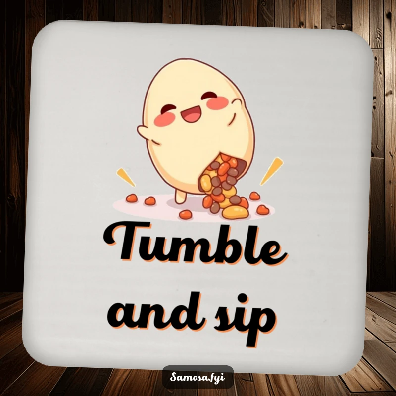 Funny drink coaster with a giggling samosa doing a cartwheel with filling spilling humorously, perfect for protecting surfaces with humor.