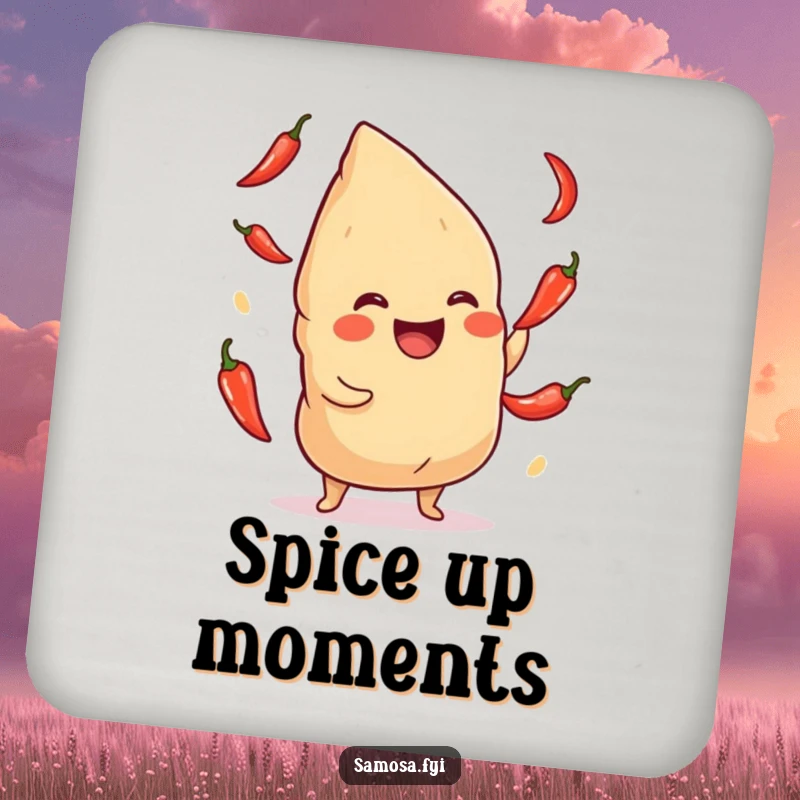 Funny Samosa Coaster: Protective coaster featuring a giggling samosa juggling chili peppers, adding spicy humor to any table.