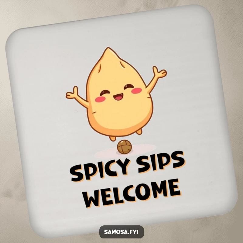 Funny giggling samosa drink coaster with a character bouncing a lentil like a ball, adding charm.