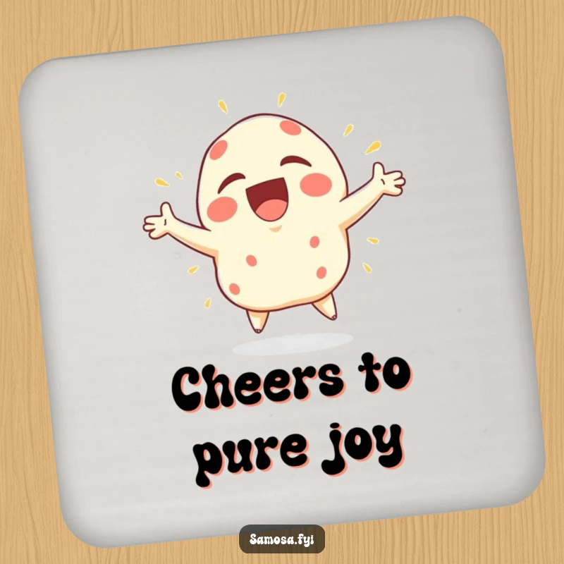 Funny Samosa Drink Coaster featuring a samosa character bursting with joy, arms flailing wildly, adding vibrant energy.