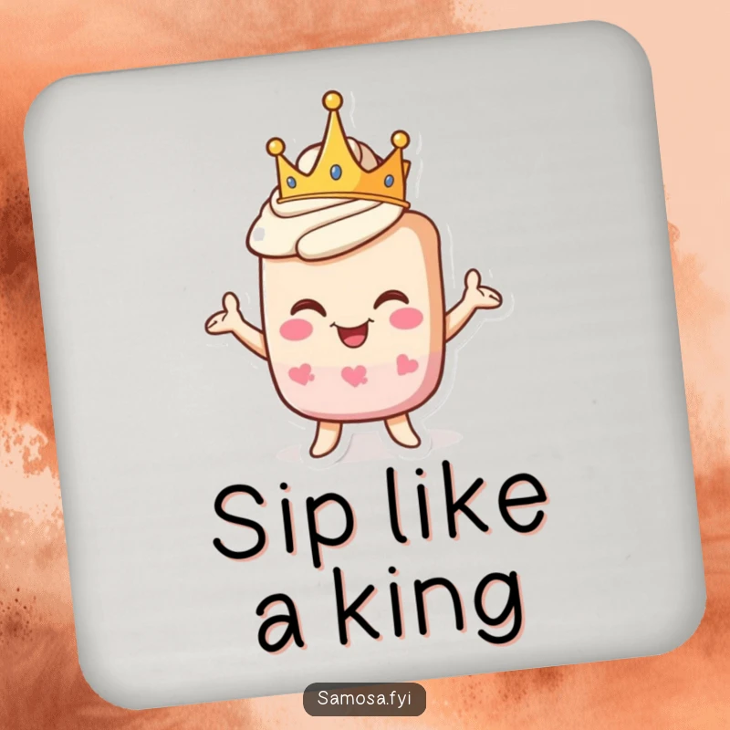 Funny drink coasters featuring a crowned pastry character striking a proud, goofy pose, protecting surfaces with royal charm.