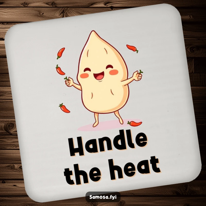Funny Coaster: A cheerful samosa character juggles small chili peppers, a witty protector of surfaces.