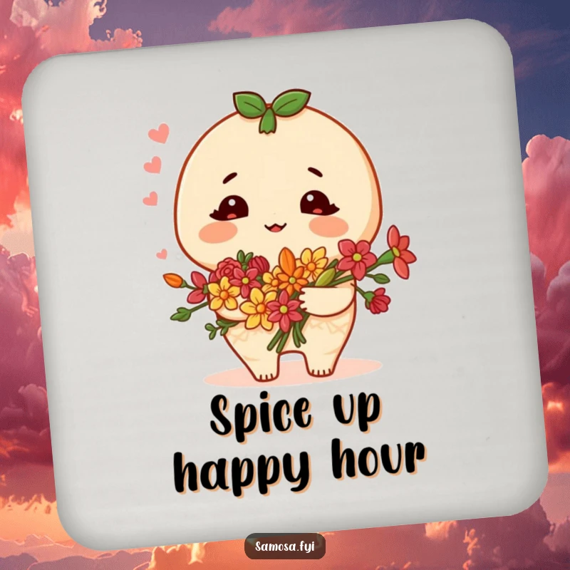 Funny samosa coaster featuring a blushing character holding a bouquet of spice flowers, protecting surfaces with charm and sweetness.