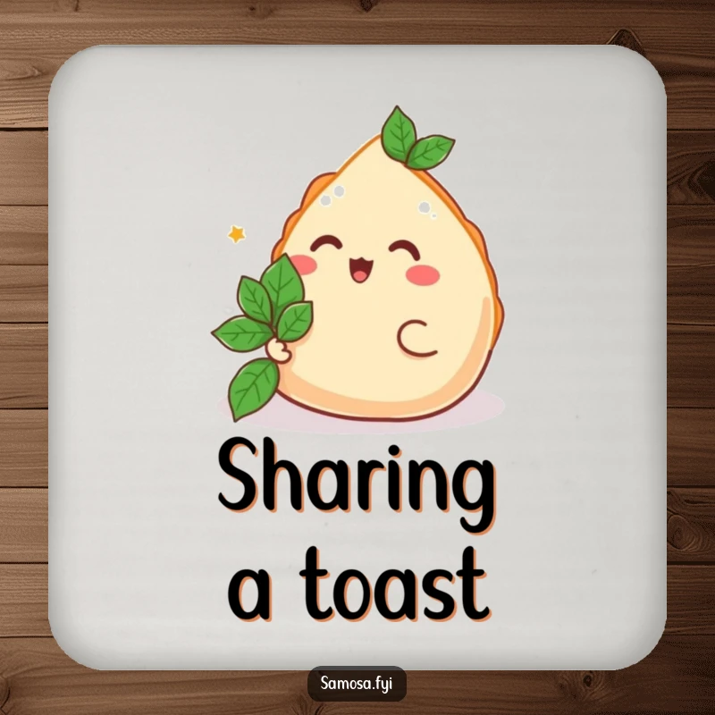 Funny Samosa Coaster featuring a happy samosa offering a mint leaf, a humorous and charming addition for a funny gift.