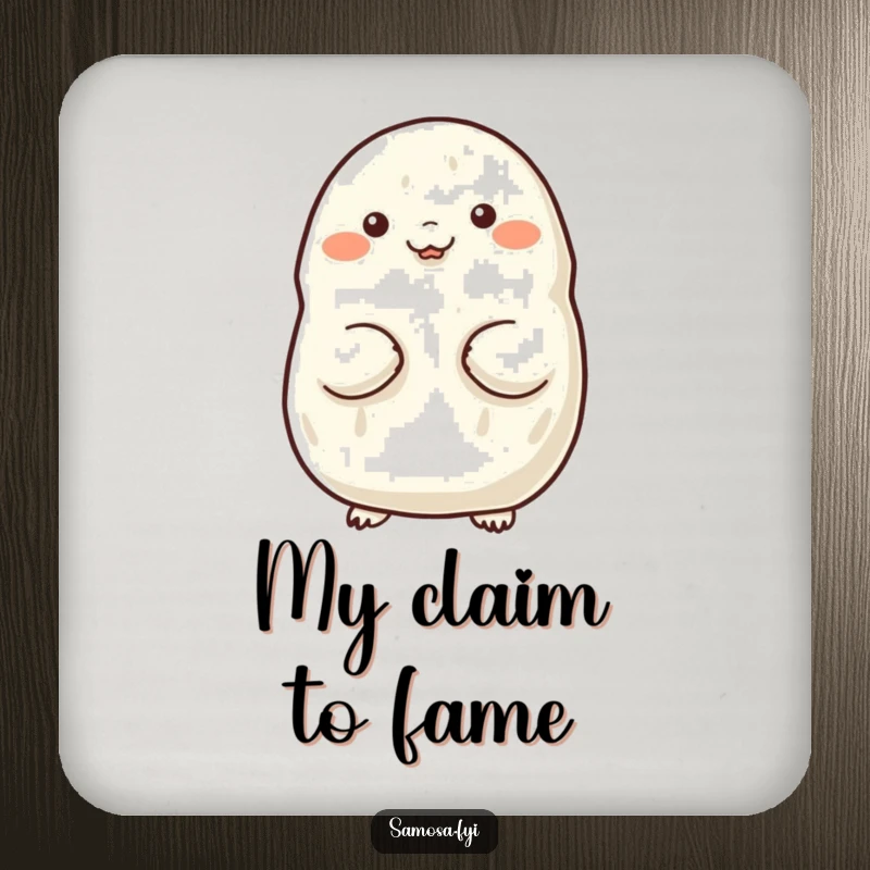 Funny drink coaster featuring a samosa proudly puffing out its chest, safeguarding furniture with humor.