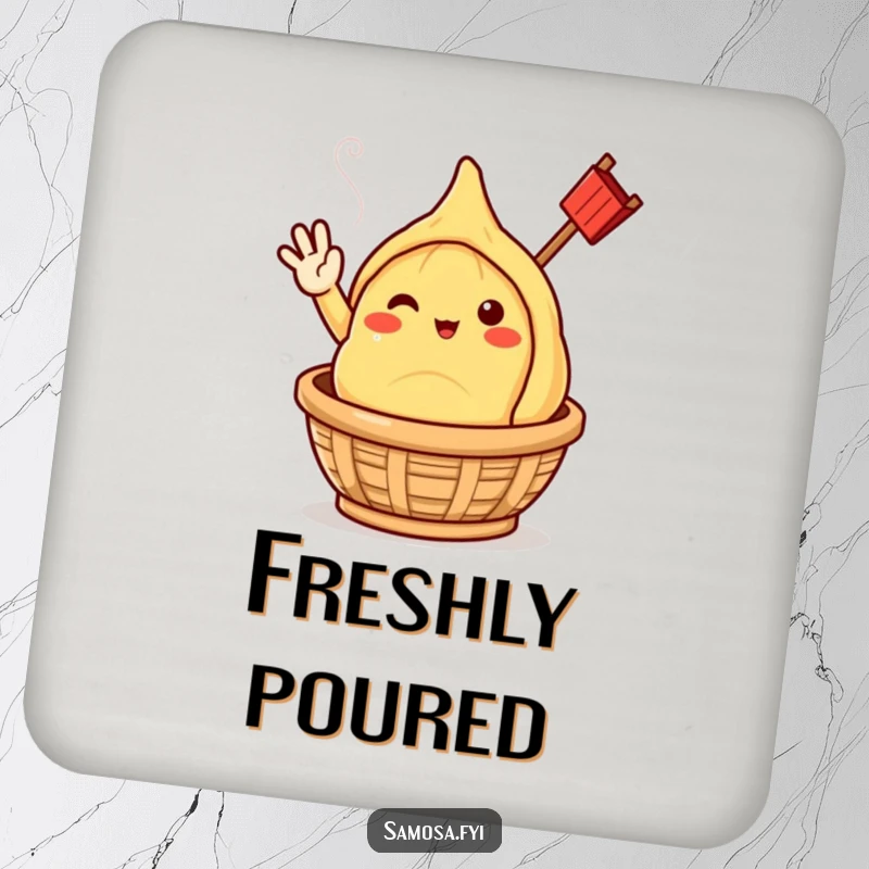Funny samosa character cheerfully waving, emerging from a steaming basket, designed on a set of drink coasters.