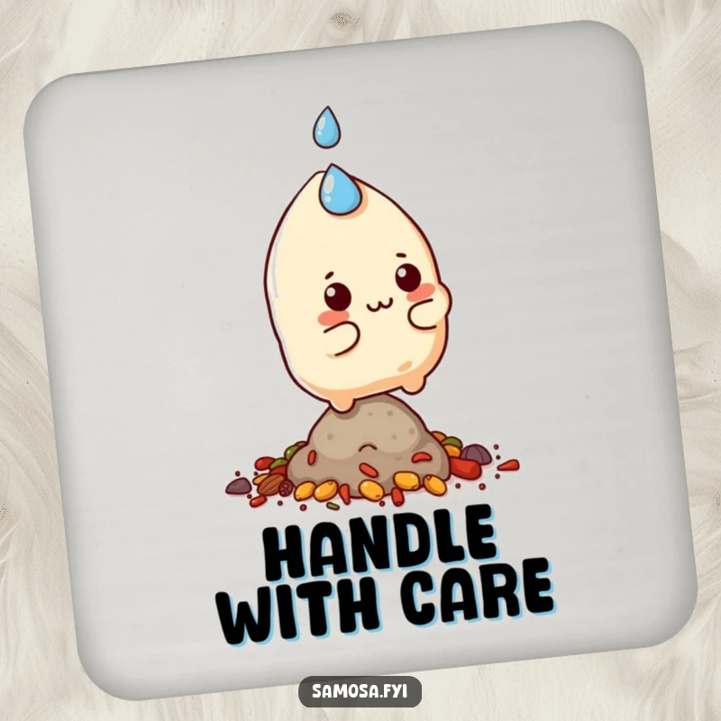 Funny samosa character sweating and balancing on a small pile of spices, designed on a set of drink coasters.