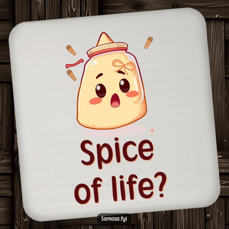 Funny drink coaster with a surprised samosa wide-eyed at a floating spice jar, a humorous way to protect furniture.