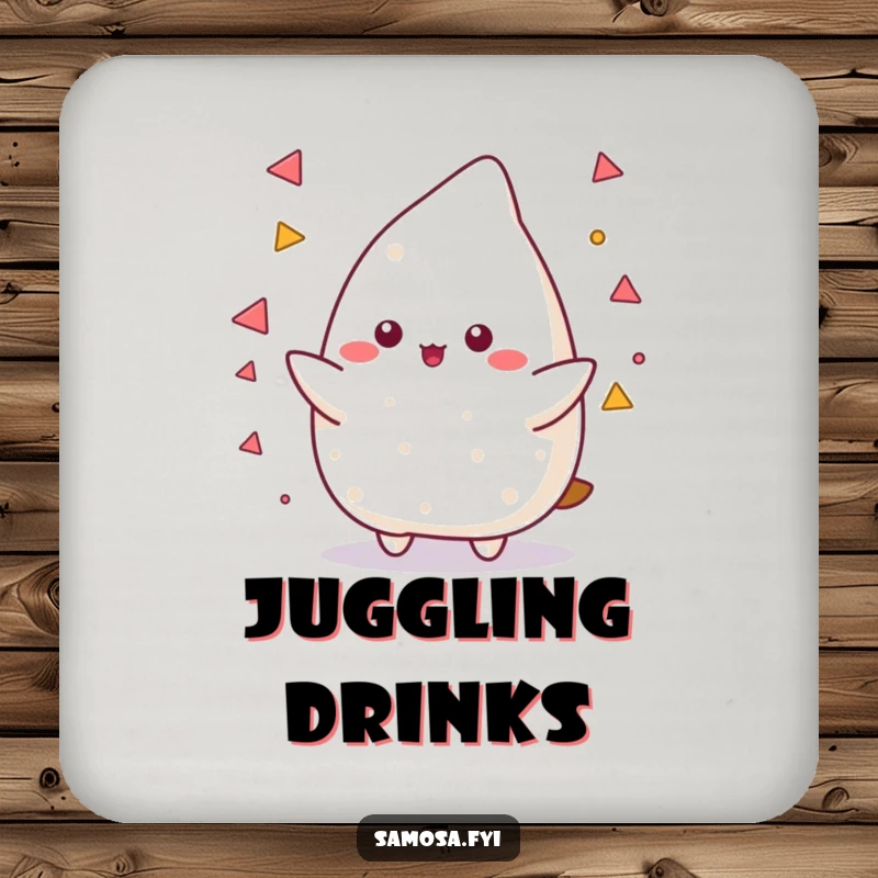 Funny Samosa Drink Coaster featuring a samosa character skillfully juggling small triangular shapes, adding a touch of refined humor.