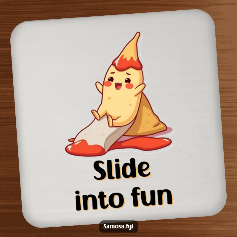 Funny Coaster: A cheerful samosa character slides down a ketchup slide, a fun and protective detail.