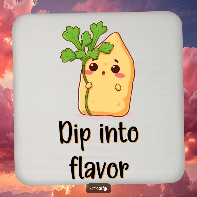 Funny drink coaster featuring a surprised samosa peeking from behind a coriander leaf, adding a touch of spice to your table.