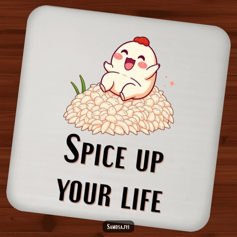 Funny coasters featuring a samosa character sliding down rice, protecting tables with a touch of humor and food-themed fun.
