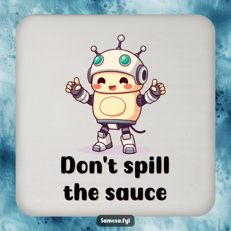 Funny Coaster showing a samosa character in a happy, rigid robot dance, adding humor to drink service.