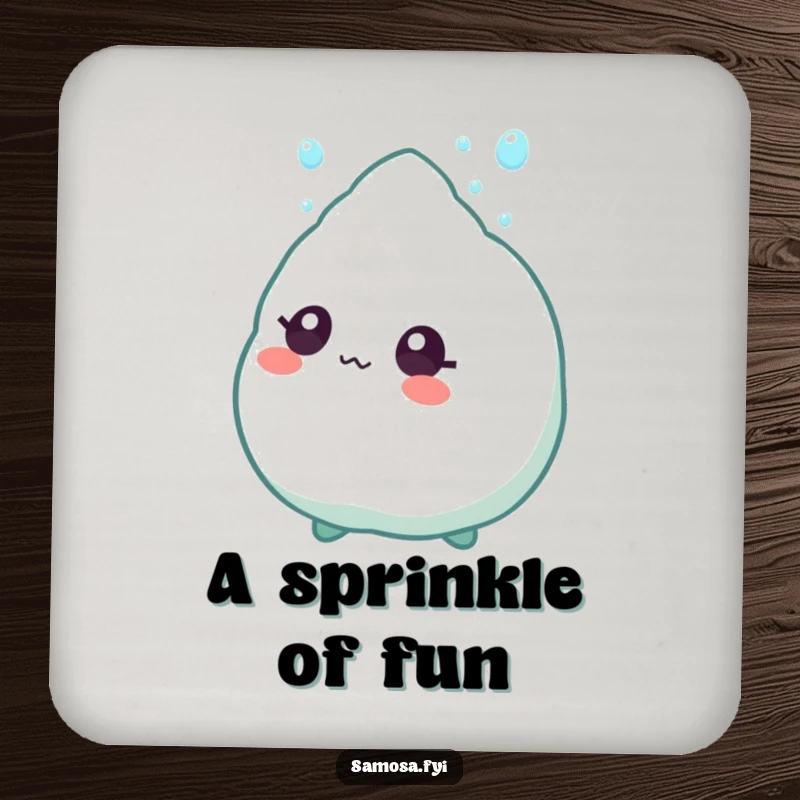 Funny Coaster featuring a samosa character with wide eyes, looking up at a falling sprinkle, a charming addition.