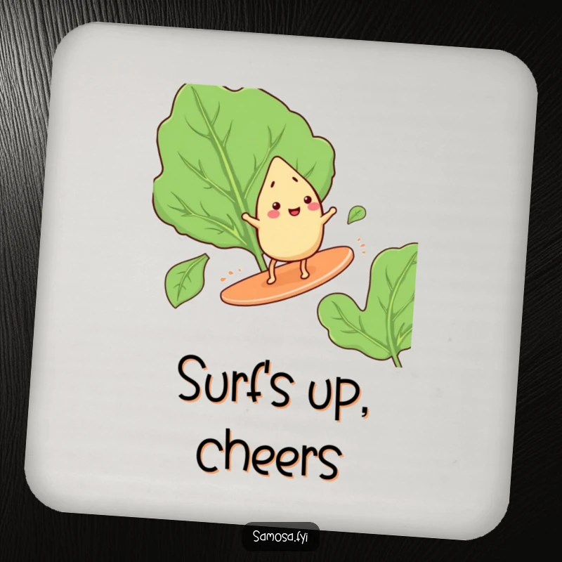 Funny drink coaster featuring a happy samosa with tiny legs, cheerfully surfing on a giant spinach leaf.