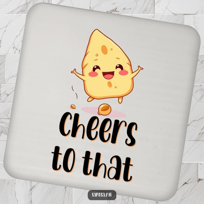 Funny Samosa Coaster depicts a cheerful samosa grinning while playfully dodging a falling chickpea, a humorous table accessory.