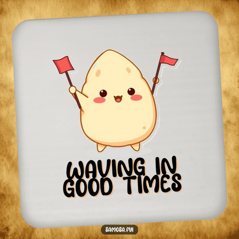 Funny Samosa Coaster showing a cute samosa character enthusiastically waving a tiny flag, adding humor to tabletops.