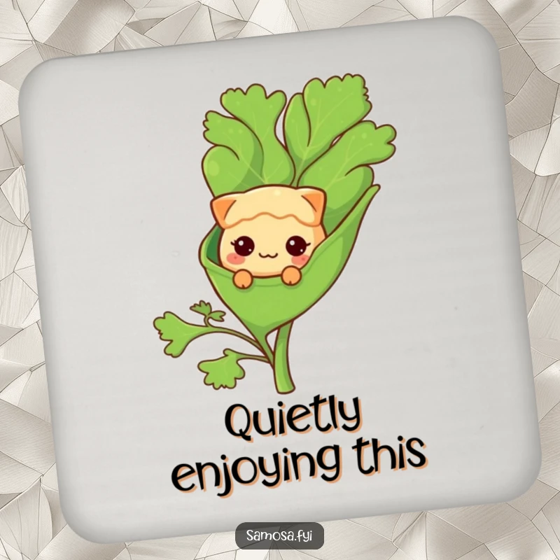 Funny Coaster: A shy samosa character peeks from a large coriander leaf, a cute and humorous detail.