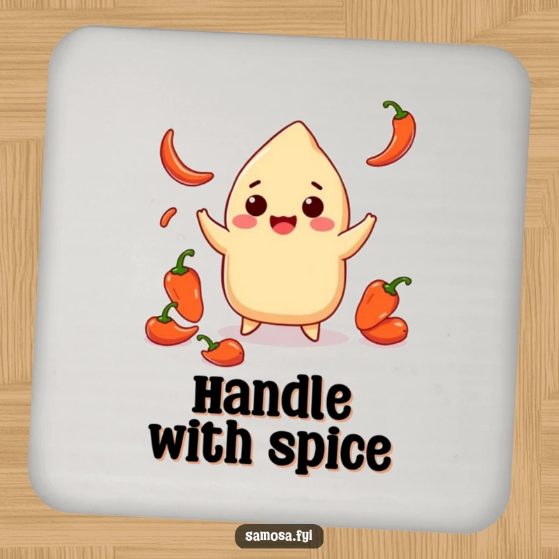 Funny drink coaster with a smiling samosa playfully juggling small chili peppers, perfect for protecting surfaces with spicy humor.