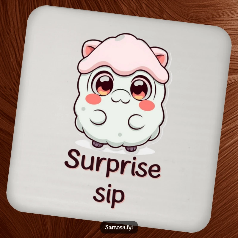 Funny Surprised Samosa Drink Coaster featuring a samosa character with wide, expressive eyes, humorously reacting to potential spills.
