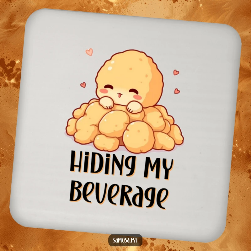 Funny drink coaster featuring a shy pakora character peeking out from a pile of crispy batter, protecting surfaces.