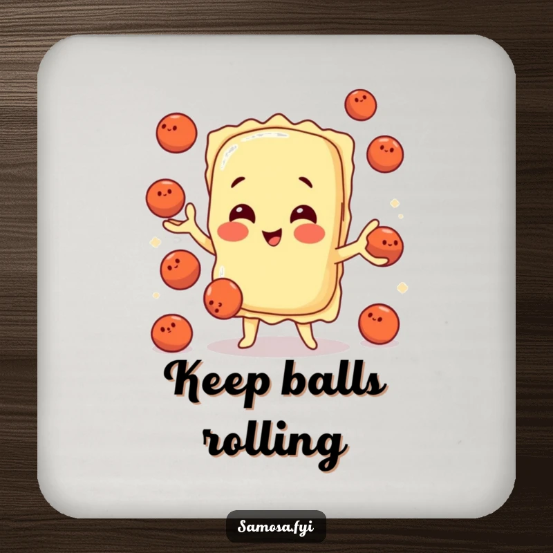 Set of coasters displaying a funny ravioli character juggling tiny meatballs, adding Italian flair to drink service.