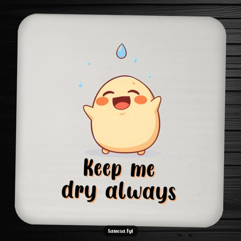 Funny drink coaster featuring a laughing samosa comically dodging a falling raindrop, safeguarding furniture with humor.