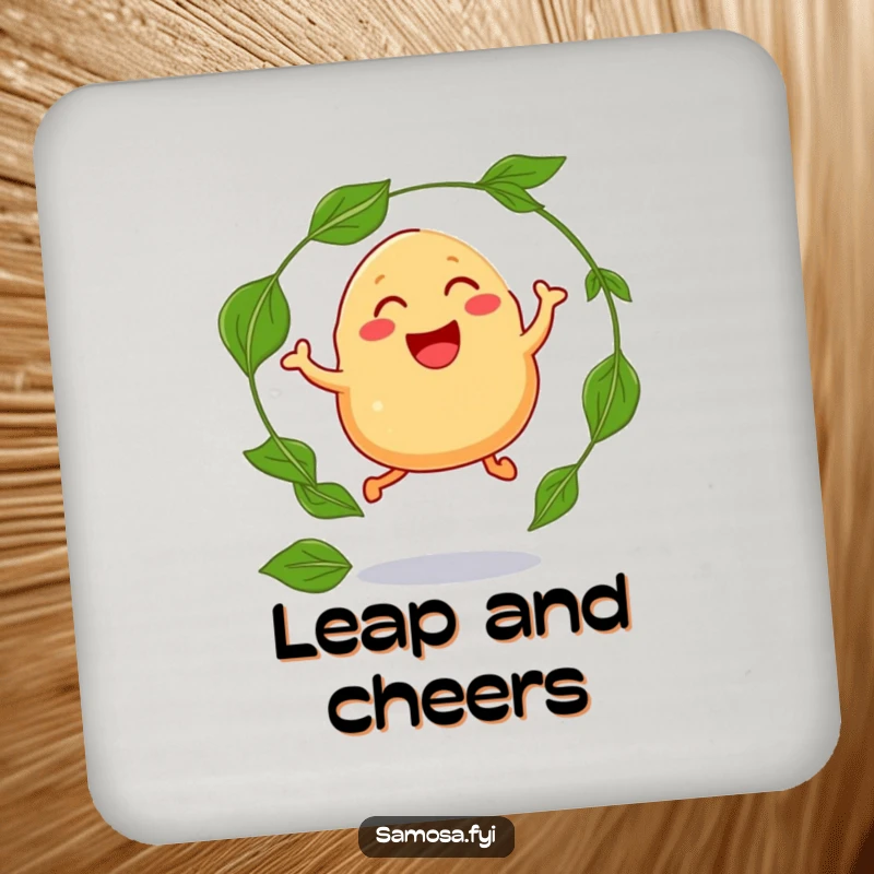 Funny drink coaster featuring a laughing samosa with legs, jumping through a hoop made of curry leaves.