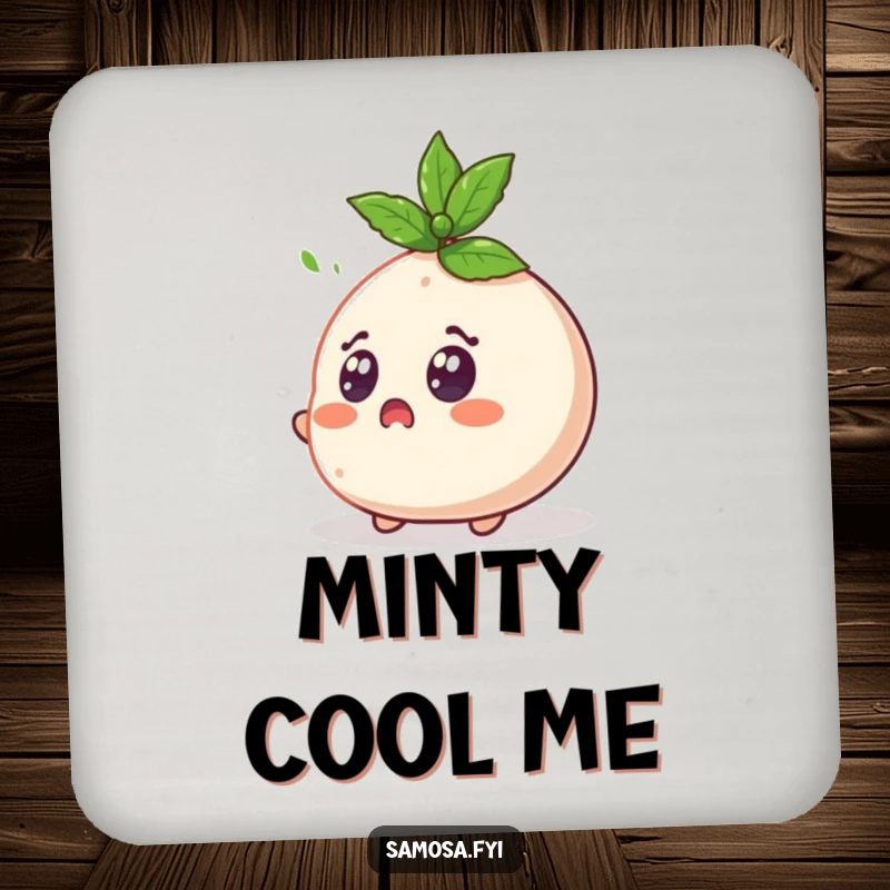 Funny Surprised Samosa Drink Coaster displays a samosa character looking shocked at a flying mint leaf, protecting surfaces.