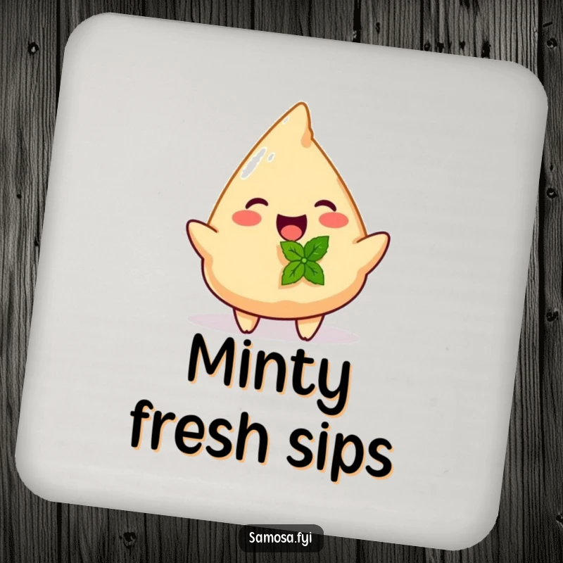 Funny coaster depicting a joyful samosa offering a small mint leaf, protecting your furniture with charm.