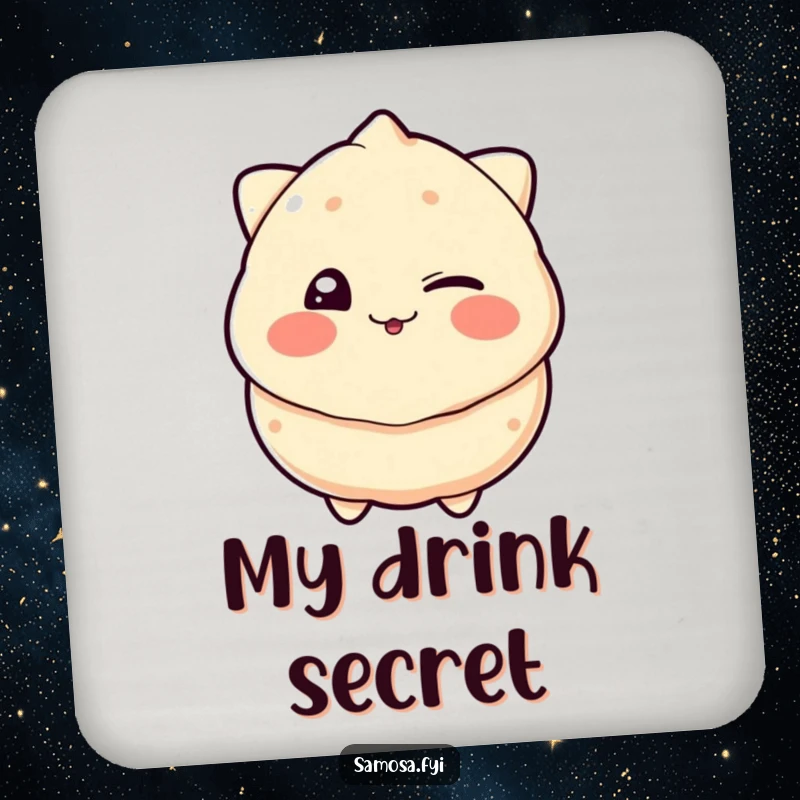 Funny drink coaster featuring a samosa comically winking with a playful grin, safeguarding furniture with humor.