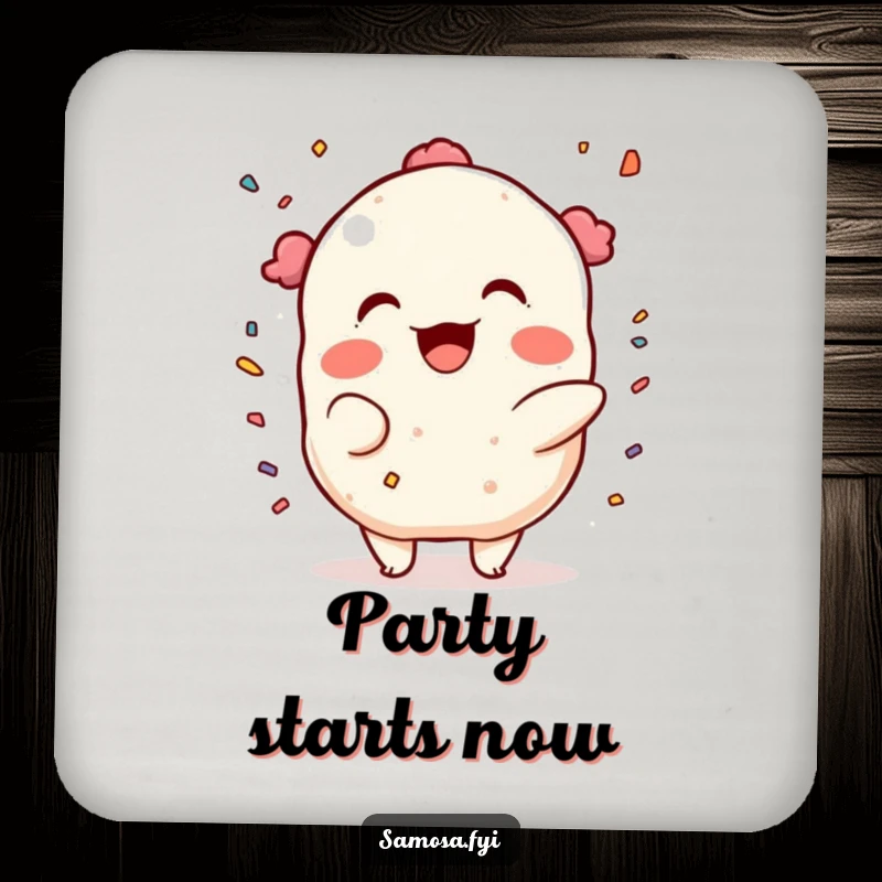 Funny Coaster: A samosa character throwing confetti with a mischievous grin, adding a festive and playful touch to your beverage.